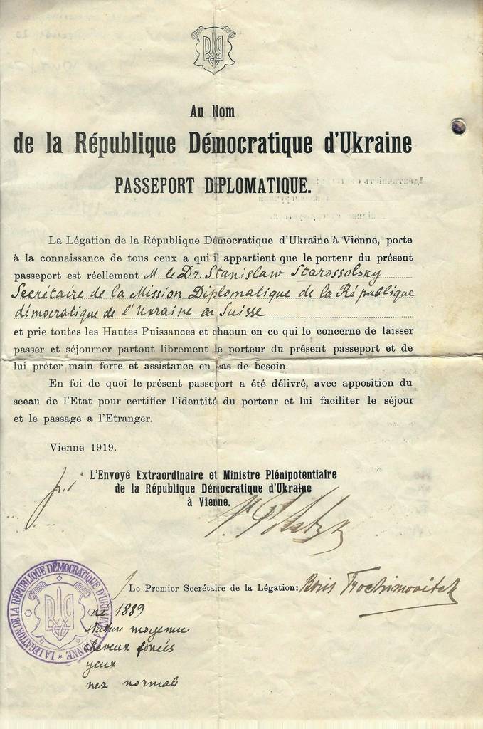 1919 Ukraine Peoples Republic Diplomatic passport issued for serving in Switzerland.