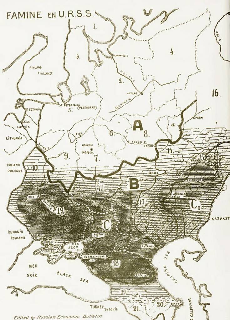 Famine in USSR, 1933. Areas of most disastrous famine marked with black.